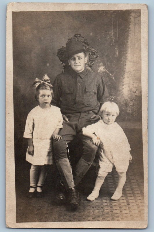 WWI Postcard RPPC Photo US Army Soldier And Children Studio c1910's Antique