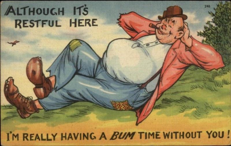 Lazy Bum Smoking Cigar Linen Comic Postcard