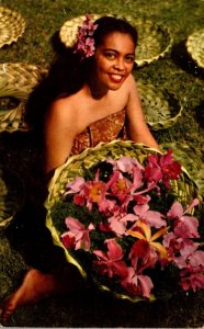 Hawaii Beautiful Girl With Island Orchids 1953