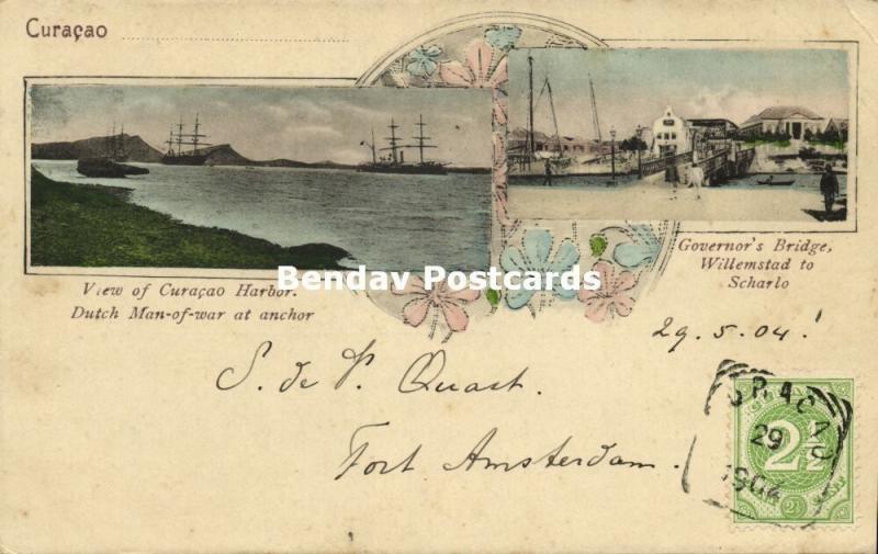 curacao, WILLEMSTAD, Bridge to Scharlo, Harbor with Dutch Man-of-War 1904 Stamp