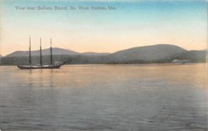 West Harbor Maine~Somers Sound Scene~Ship on Water~c1910 Robbins Bros Colored Pc