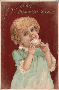 1880s-90s Little Girl Drinking Tea Maillard's Cocoa Chocolate School Trade Card