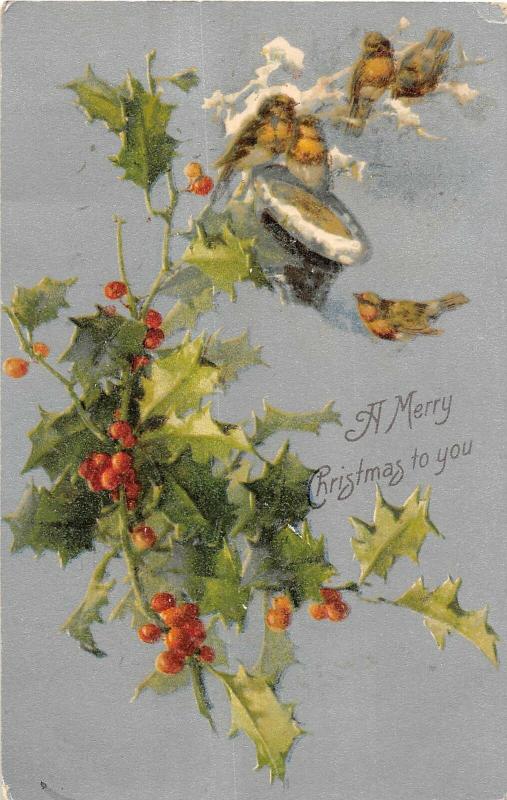 Merry Christmas Holly On Silver Background Signed Klein Antique Postcard V9789