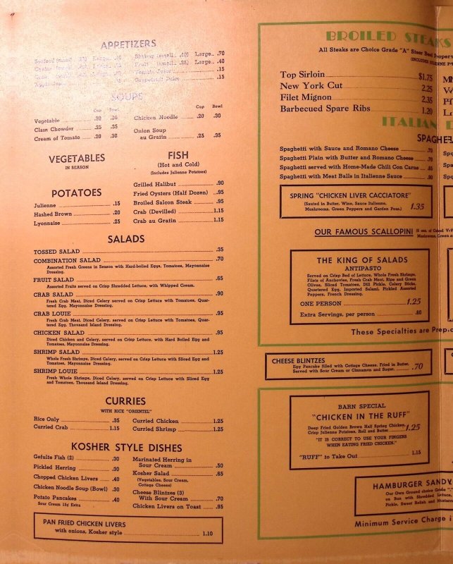 1950s THE BARN RESTAURANT VANCOUVER B.C. CANADA MENU GRANVILLE ST EXC W68