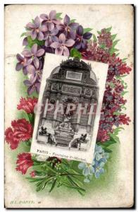 Paris - 4 to souvenir - Flowers - Fontaine Saint Michel - Old Postcard