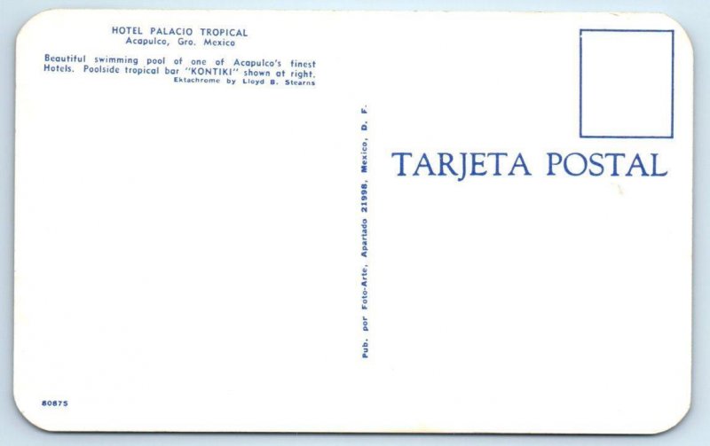 ACAPULCO, Gro Mexico ~ Roadside  c1960s HOTEL PALACIO TROPICAL Pool Postcard