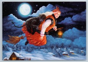 WITCH on broomstick HECK Russian Fantasy Mistery Peasant Christmas New Postcard