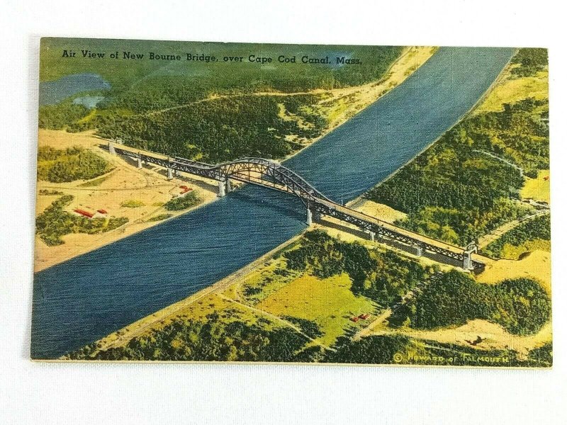 Vintage Postcard 1930's Air View of New Bourne Bridge over Cape Cod Canal MA