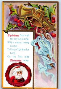 1911 Christmas Santa Claus Angel Ringing Bells Berries Seal Embossed Postcard