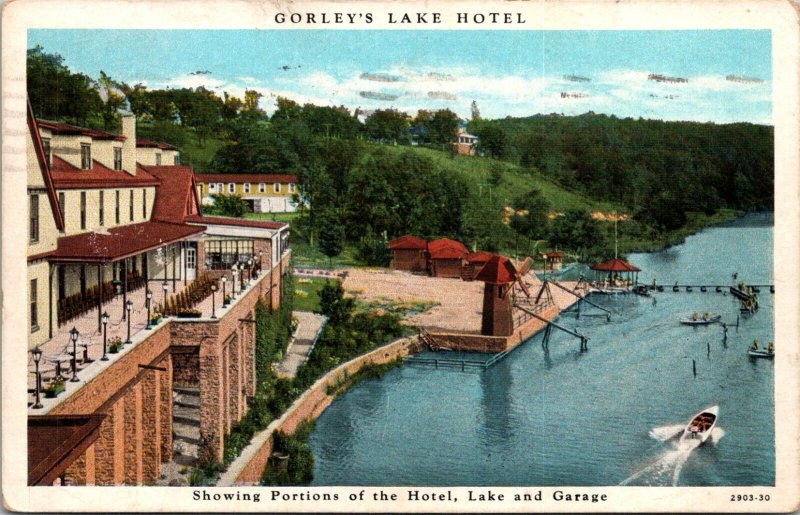 Vintage Postcard White Border Gorleys Lake Hotel Boats Garage Seed Order Back