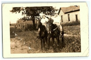 1910-30 Horse Rppc Twins Women Sitting Photo Real Postcard Pose Horses pc7 