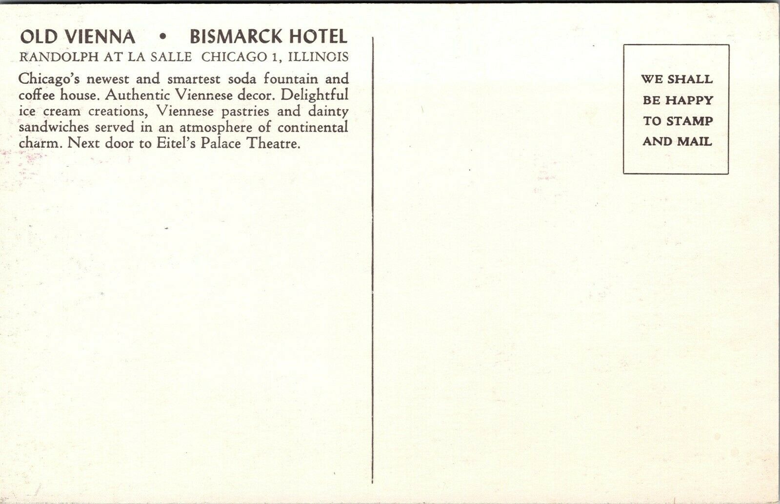 Vtg Chicago Illinois IL Old Vienna Bismark Hotel Soda Ice Cream Shop