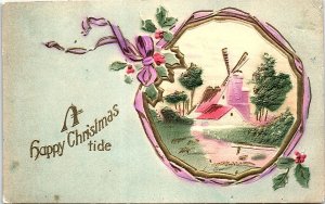 c1910 HAPPY CHRISTMAS TIDE WINDMILL HEAVY EMBOSSED HENDERSON MN POSTCARD 41-181