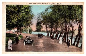 Antique Lake Park Drive, Old Cars, Bicycle, Fond du Lac, WI Postcard