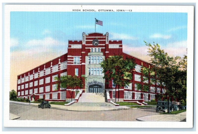 c1940 High School Exterior Building Classic Car Ottumwa Iowa IA Vintage Postcard
