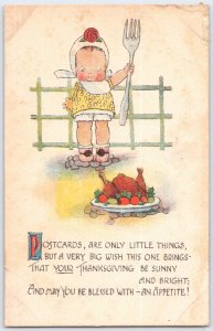 Vintage Thanksgiving Postcard Girl with Fork and Roasted Turkey Illustration