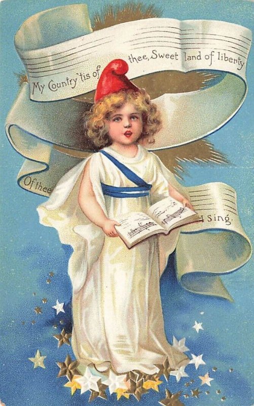 c1910 Cute Girl Dressed As Lady Liberty Singing Fourth of July P449 