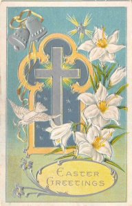 EASTER Greetings  CROSS~BELLS~WHITE LILIES  c1910's Lightly Embossed Postcard