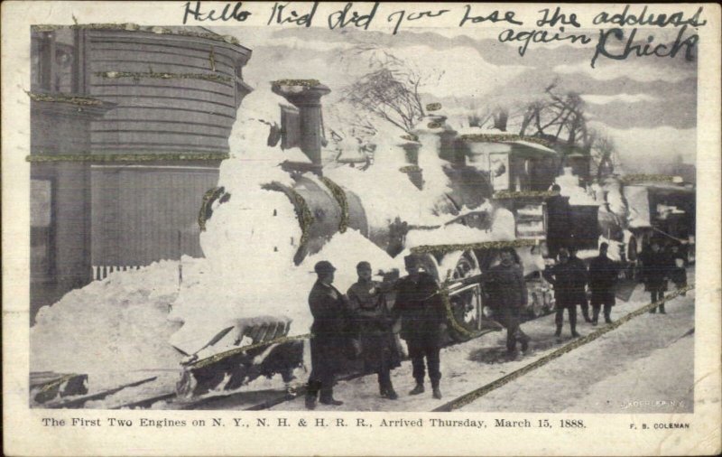 South Norwalk CT Cancel RR Train Snow & Men 1888 - c1905 Postcard - Glitter