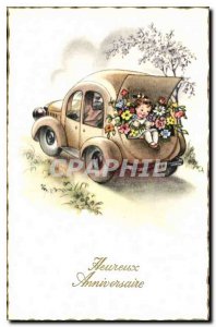 Old Postcard Happy Birthday Child Automotive Flowers