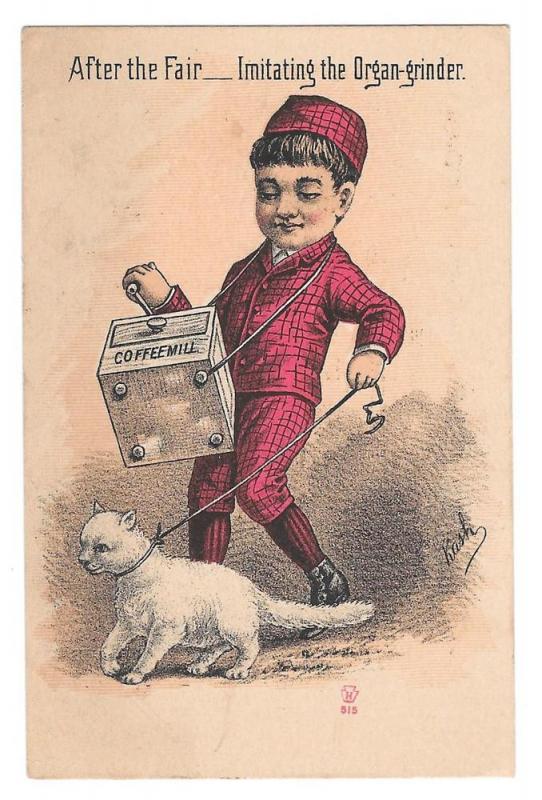 Victorian Trade Card Organ Grinder Cat Mathias Bros York PA 