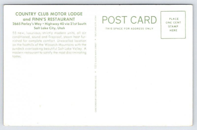 Postcard Country Club Motor Lodge, Finn's Restaurant, Salt Lake City, Utah  P2