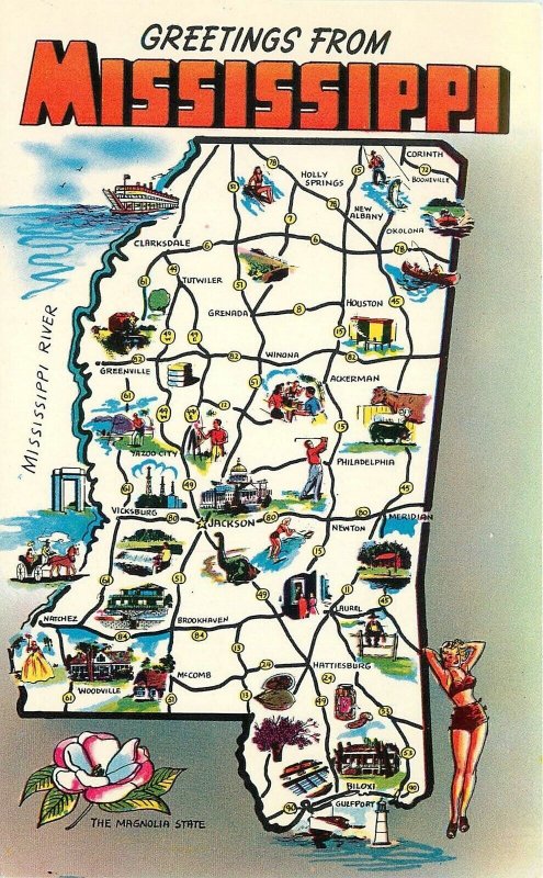 Postcard Mississippi  1950s Maps Attraction Colorpicture 22-12957