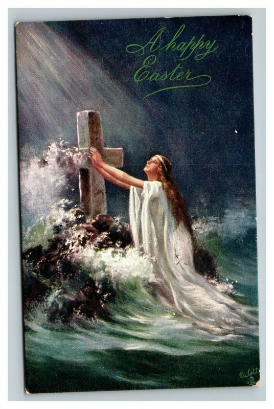 Vintage 1908 Easter Postcard Woman Prays at Cross Seaside Heavenly Light