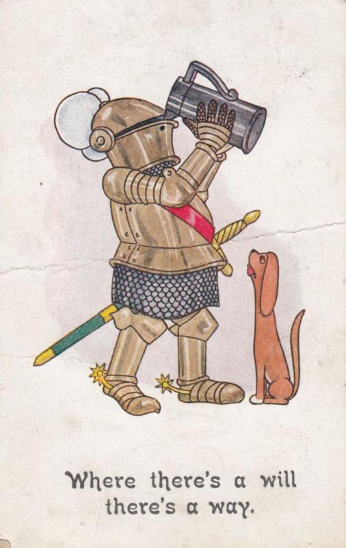 Medieval Knight Getting Drunk In His Armour Old Comic Humour Postcard