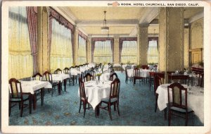Hotel Churchill Dining Room San Diego CA Divided Back Postcard