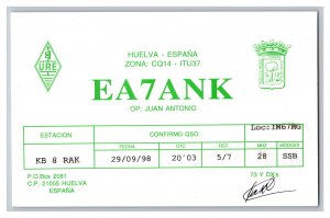 Postcard QSL CB Ham Radio Amateur Card From Huelva Spain EA7ANK 