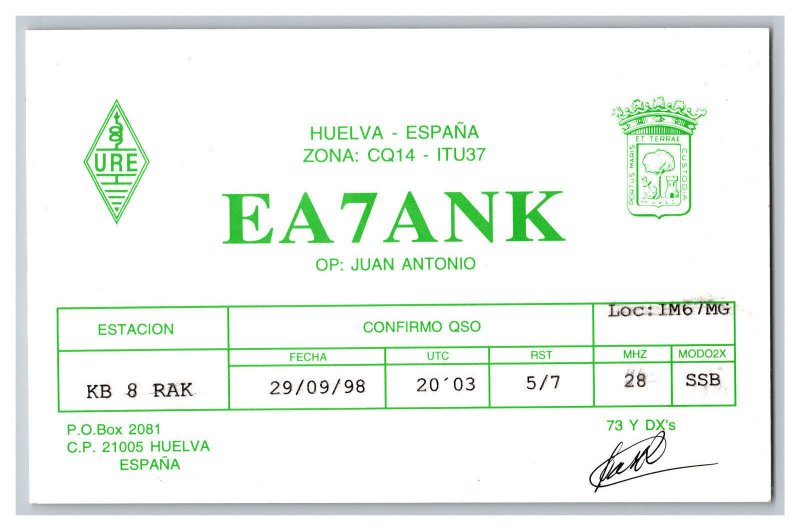 Postcard QSL CB Ham Radio Amateur Card From Huelva Spain EA7ANK