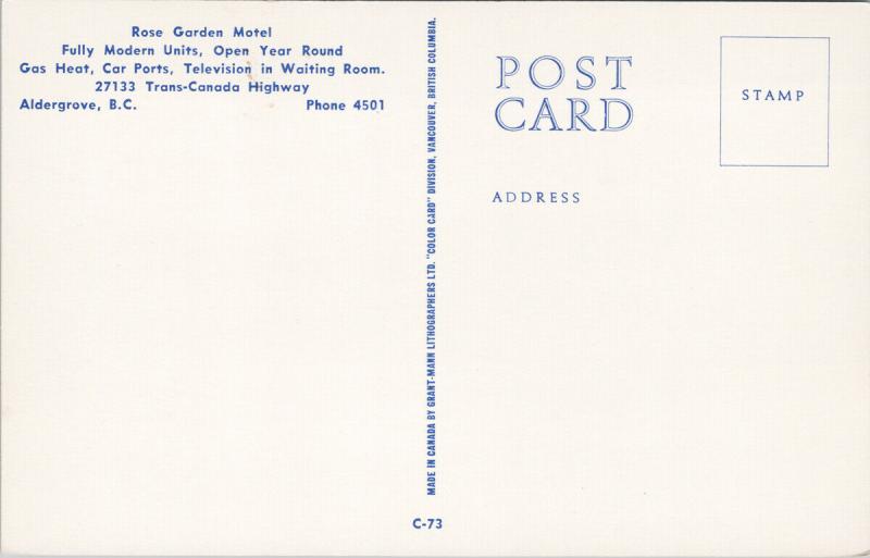 Rose Garden Motel Aldergrove BC Unused Vintage Postcard D79