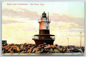 1908 Sperry Light & Breakwater New Haven Connecticut CT Rocks Posted Postcard