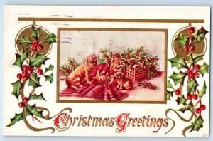 1910 Christmas Greetings Holly Berries Dog Puppies On Basket Embossed Postcard