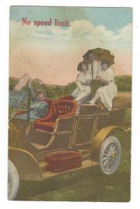 No speed limit. Vintage auto theme postcard