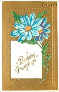 Greetings Card, Birthday, Blue Flowers, Gold Background, Embossed