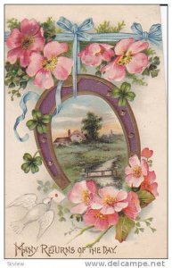 Many Returns of the Day, Pink flowers, Blue ribbon, Horse shoe framing Countr...