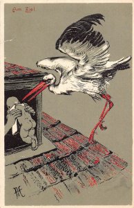 Birth Announcement Stork Delivers Baby Am Ziel embossed postcard C318