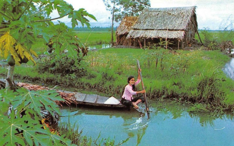 VIET-NAM Scene in rural Viet-Nam Girl In Canoe c1960s Vintage Postcard