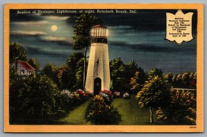 Postcard Rehoboth Beach DE c1940s Replica of Henlopen Lighthouse at Night Linen