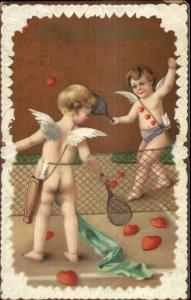 Valentine - Bare Butt Cupids Playing Tennis c1910 Postcard