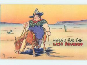 Linen comic signed FAT COWGIRL WOMAN WRITING EXHAUSTED HORSE HJ2141@