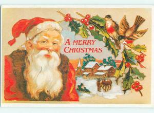 Reproduction christmas SANTA & BROWN BIRDS & VILLAGE IN BACKGROUND r4852@