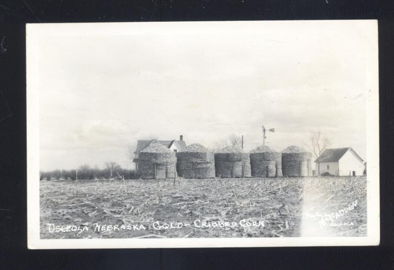 RPPC OSCEOLA NEBRASKA GOLD CRIBBED CORN FARMING VINTAGE REAL PHOTO POSTCARD