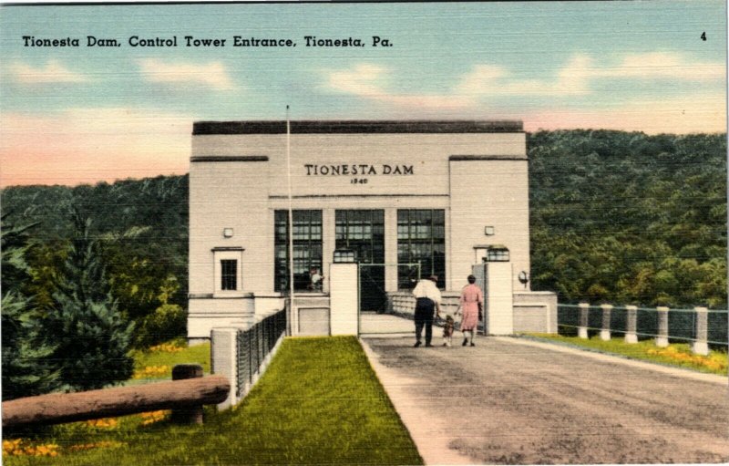 Postcard PA Tionesta Tionesta Dam Control Tower Entrance LINEN 1940s M3