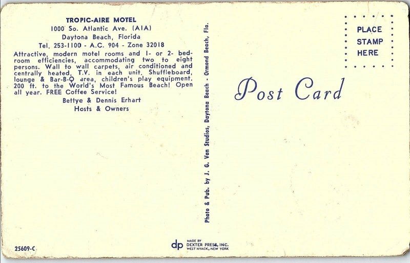 C.1950's Tropic-Aire Motel, Daytona Beach, Fla. Vintage Postcard P135