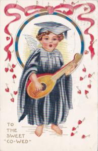 Valentine's Day Cupid Dressed As College Grad Playing Guitar 1911