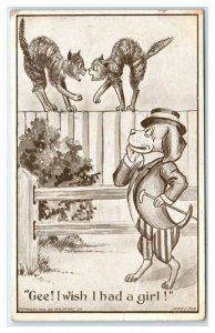 COMIC  1911 Postcard ~ DRESSED DOG & 2 CATS ~Gee, I WISH I Had a GIRL!