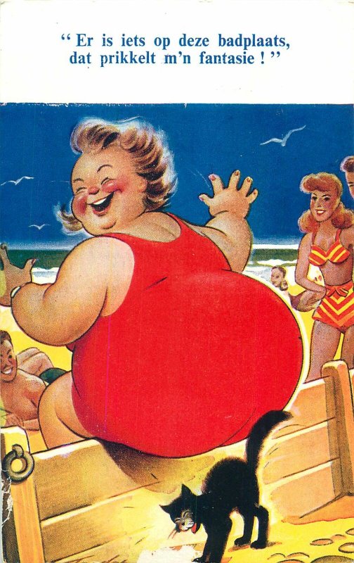 Postcard Comic advertising commercial cat under fat woman red dress